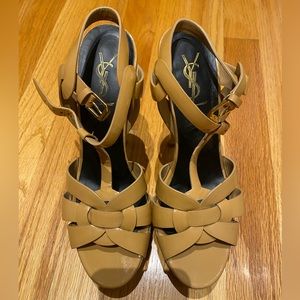 YSL tribute heeled platform sandal nude beige